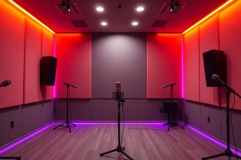 Professional podcast studio with acoustic panels and microphones