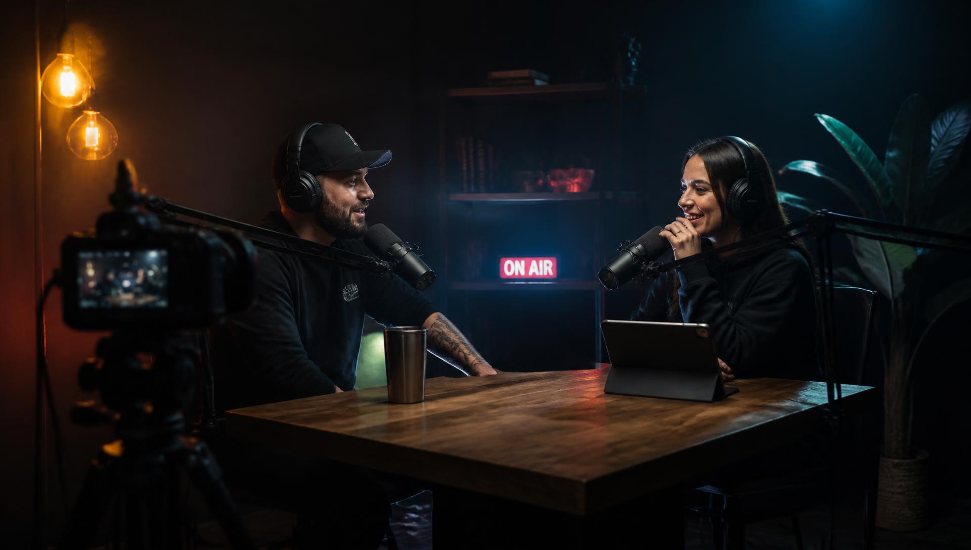 Two creators recording a video podcast in a cinematic studio